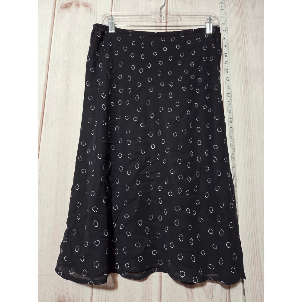Ladies Medium Petite‎ Black Midi Skirt Polka Dot Chiffon Pull On Lightweight